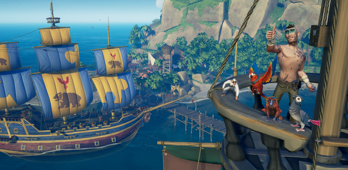 A pirate stands on a ship with a monkey and a parrot in Sea of Thieves