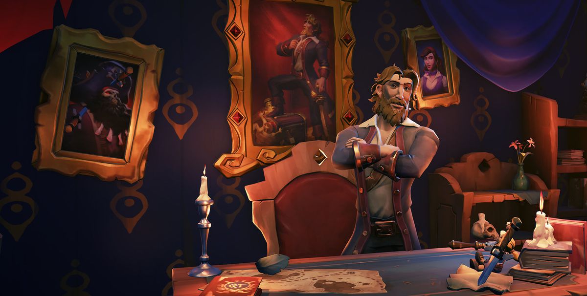 Guybrush from the Monkey Island franchise, as depicted in Sea of Thieves, next to a lavish desk. Paintings are hung on the wall behind him.