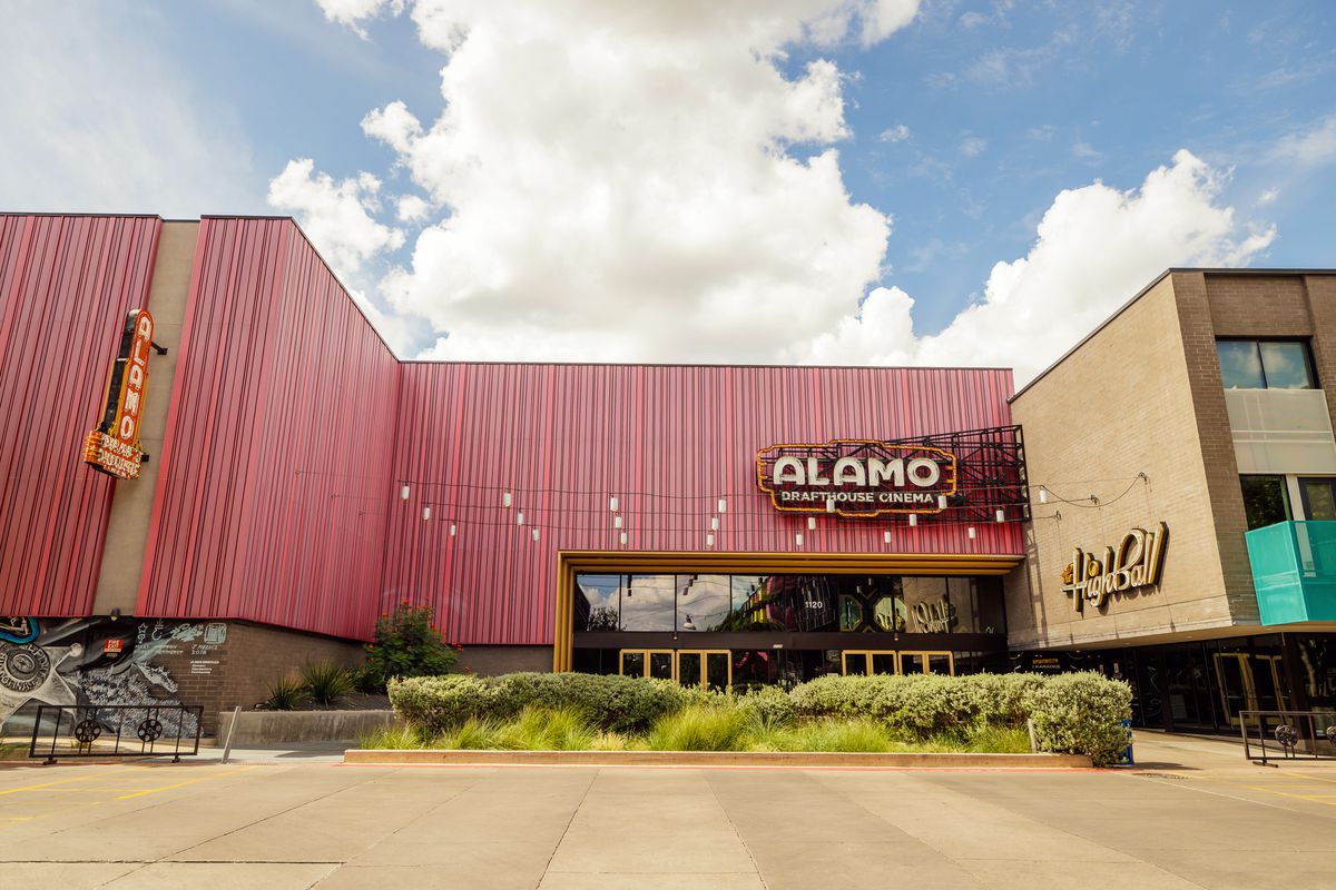 A photo of the front of the South Lamar Alamo Drafthouse location in Austin, Texas