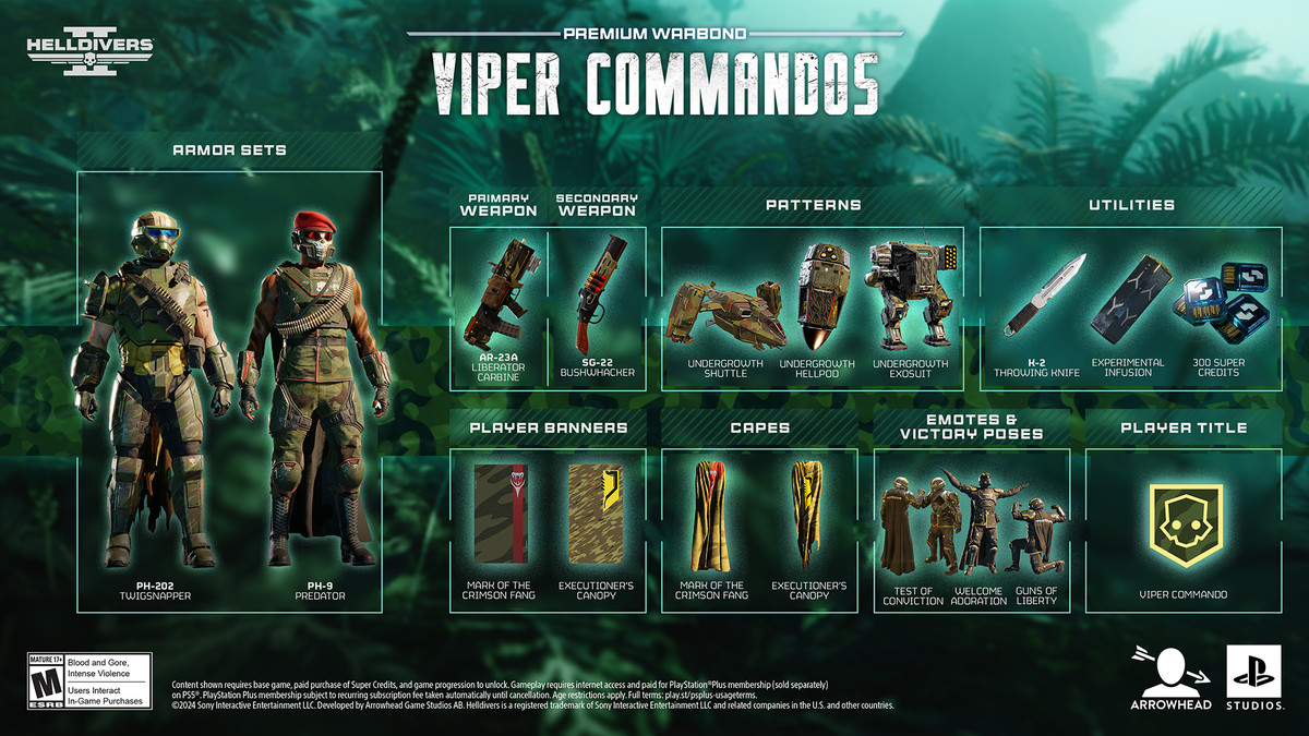 Key art for the Viper Commandos Premium Warbond details new items for Helldivers 2.