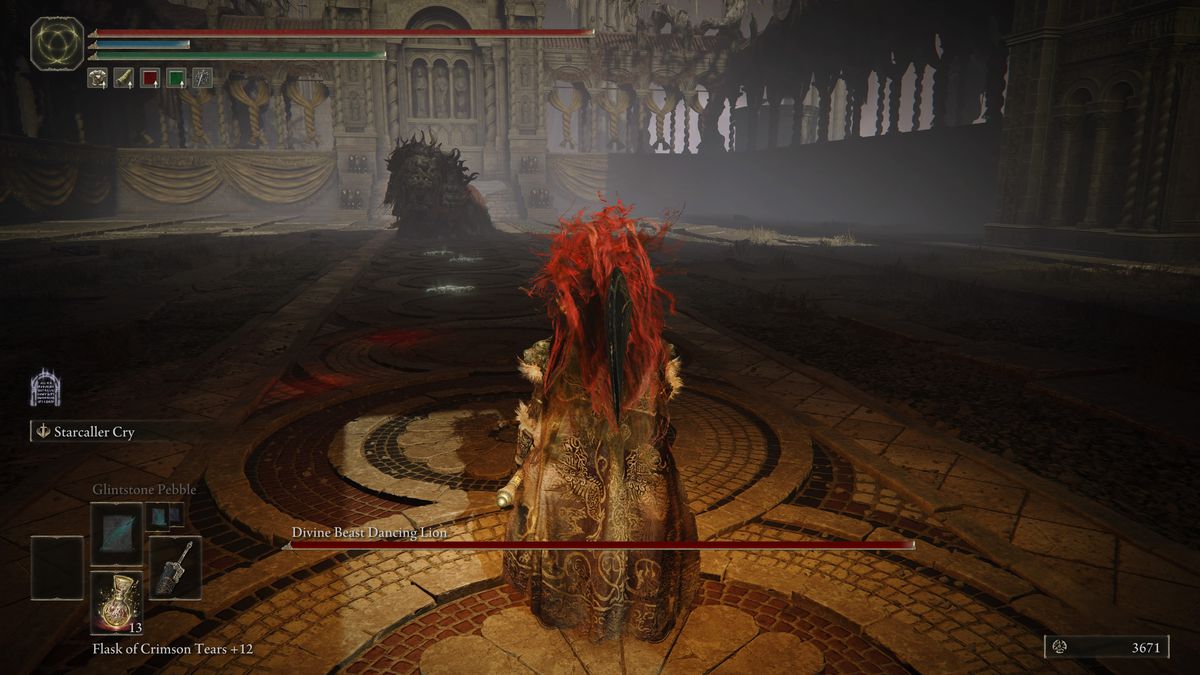 A Tarnished battles against a boss, Divine Beast Dancing Lion, in Elden Ring: Shadow of the Erdtree