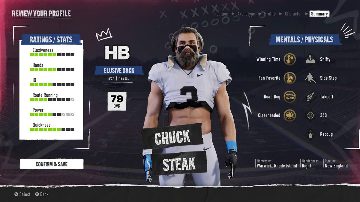 One of the UI screens for a player-created footballer in EA Sports College Football 25, depicting a player named “Chuck Steak”