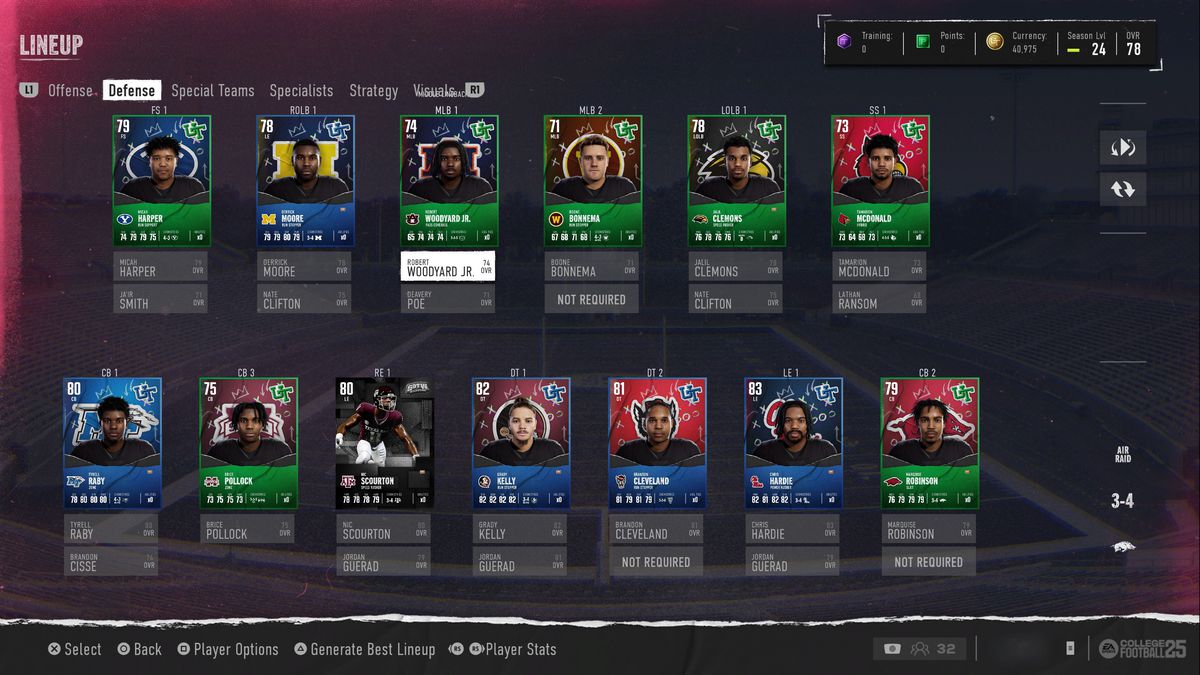 A screenshot of EA Sports College Football 25 depicting a bunch of players’ stat cards