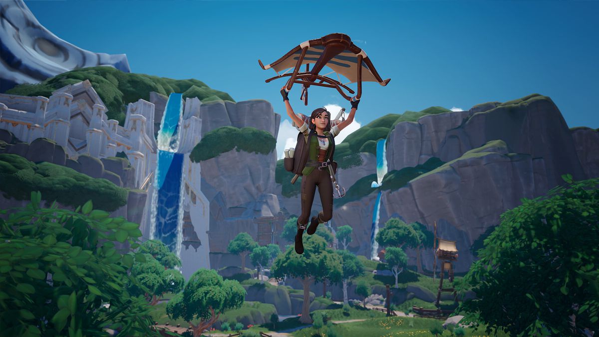 A player in Palia flies down from a high cliff, with a waterafall, in the background