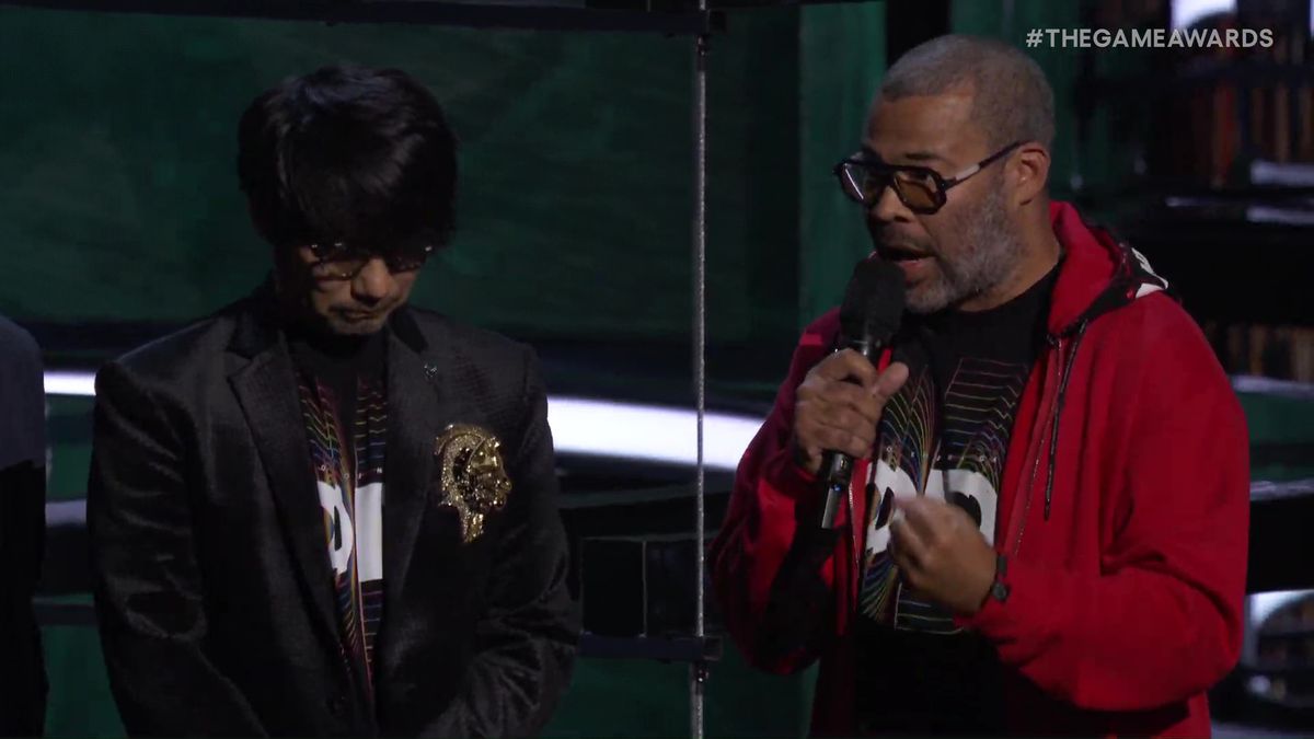 Hideo Kojima  and Jordan Peele on stage at The Game Awards 2023