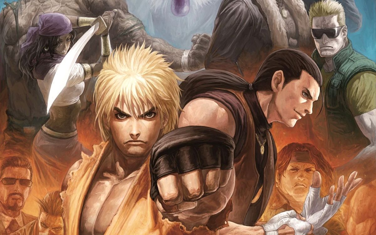 Ryo Sakazaki and Robert Garcia stand in the foreground of artwork for Art of Fighting