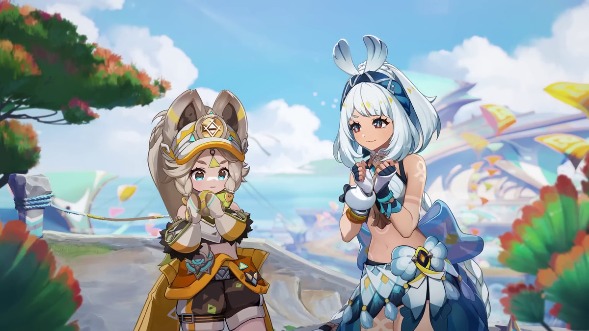 An image of two characters in the teaser trailer for Genshin Impact’s Natlan region. The one on the left has a golden color scheme for its outfit on the one on the right wears blue. They both have colorful and vibrant accessories. 