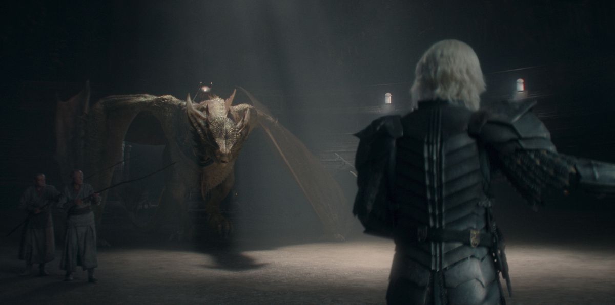 Aegon approaches Sunfyre chained up in the King’s Landing basement in House of the Dragon season 2, episode 4