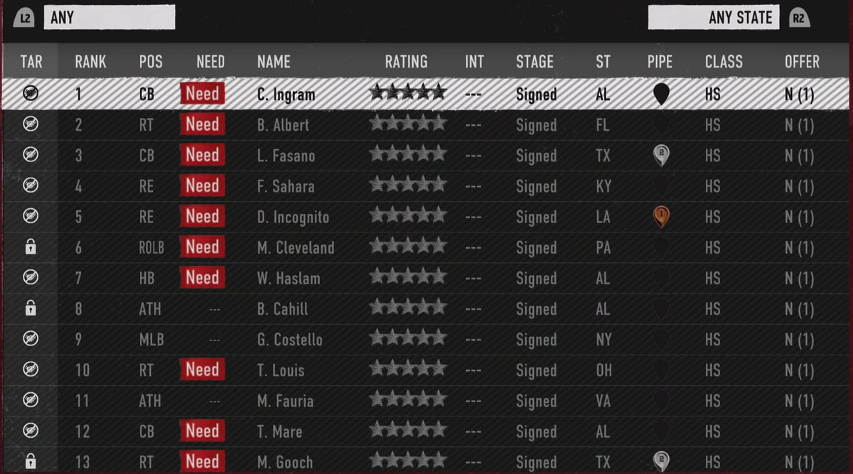 The prospect list screen from EA Sports College Football 25, showing a lot of grayed out 5-star prospects mostly from the South.