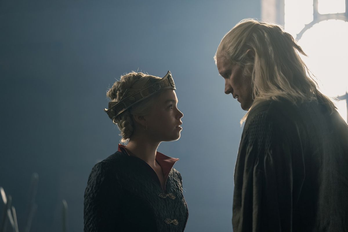 Rhaenyra (Milly Alcock) and Daemon Targaryen (Matt Smith) speak in the Red Keep throne room at Harrenhal in House of the Dragon season 2 episode 4.