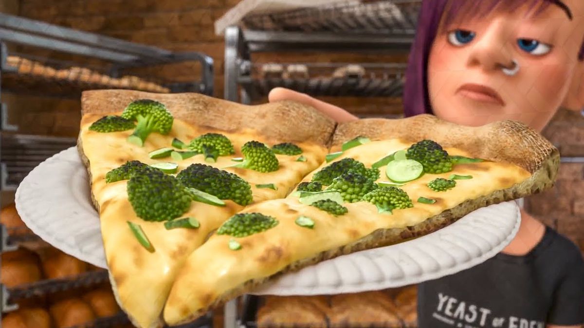 An animated slice of pizza with broccoli on it