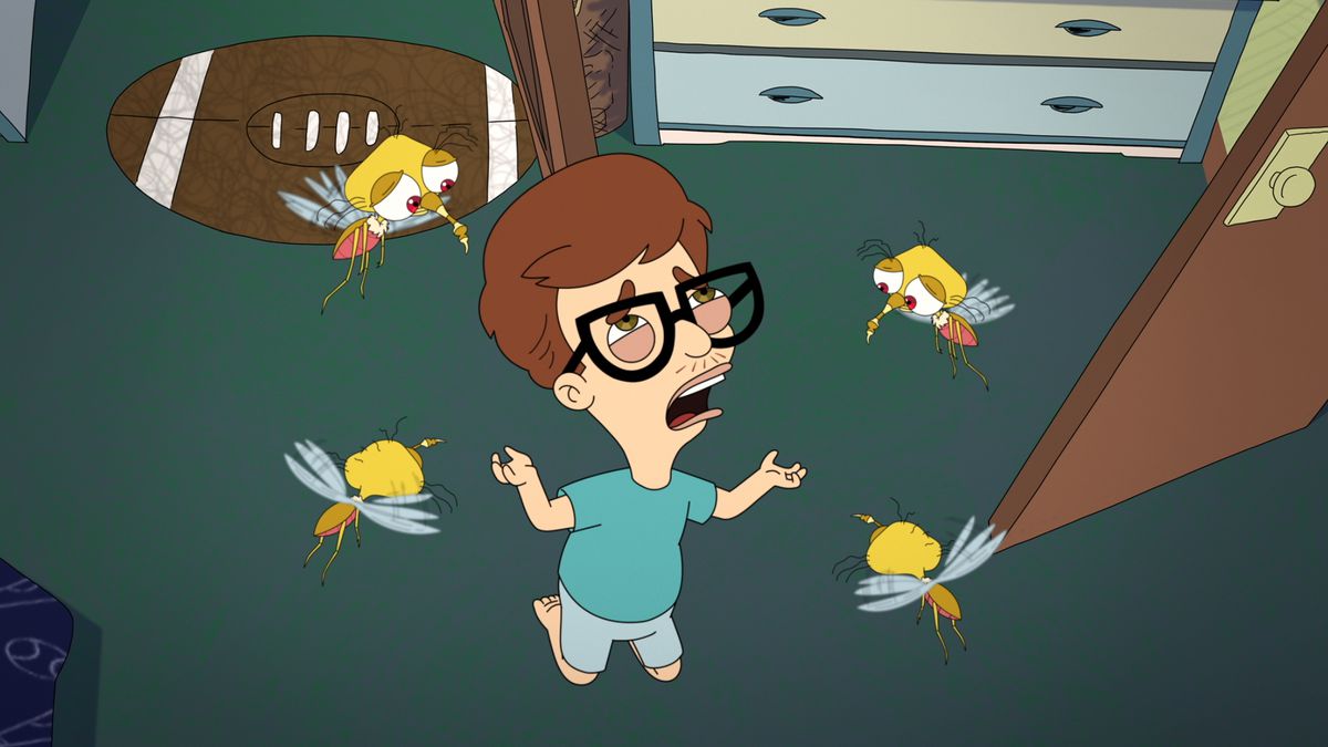 Andrew Glouberman, a brown-haired kid with big black glasses, kneels in despair on the floor of his bedroom and looks up at the ceiling as animated mosquitos representing his anxiety surround him in season 4 of Big Mouth