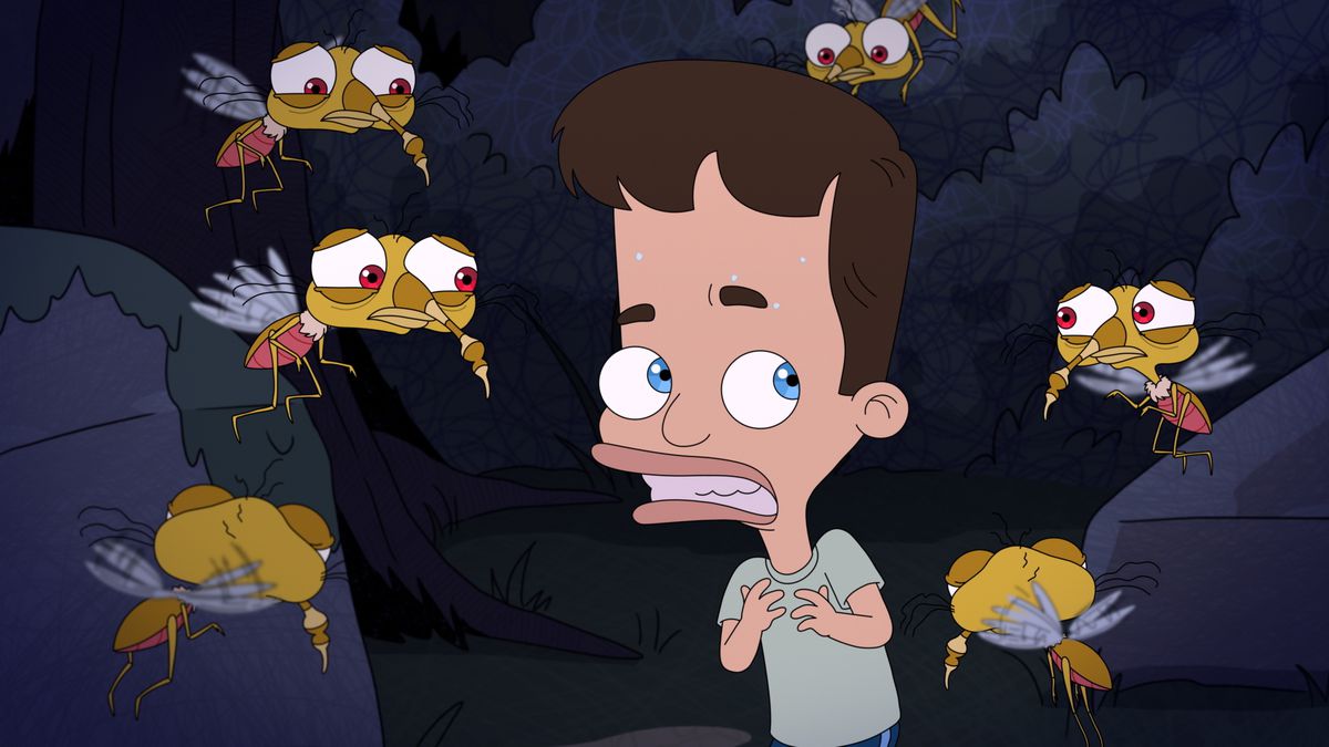 Nick, a brown-haired, blue-eyed kid, sweats in the woods at night as animated mosquitos representing his anxieties gather around him in season 4 of Netflix’s animated series Big Mouth