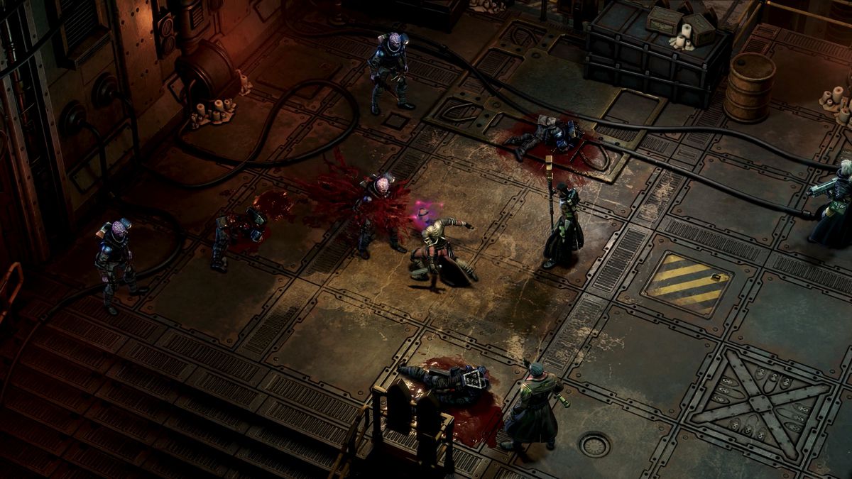 A fight breaks out in Void Shadows, the first expansion for the Rogue Trader CRPG, with the Death Cult Assassin attacking a Genestealer Cultist.