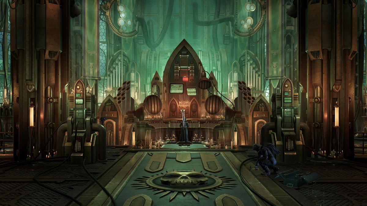 The bridge of the Rogue Trader’s voidship, a massive space vessel in the Warhammer 40,000 setting. It’s made of gothic architecture, with eerie green lighting and heavy brass framing for  the equipment and screens.