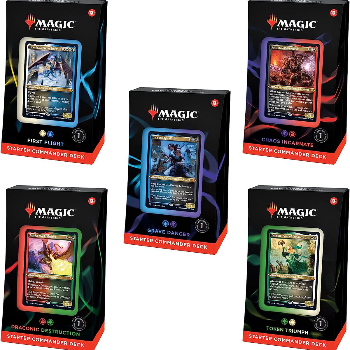 Five starter Commander Decks for MTG