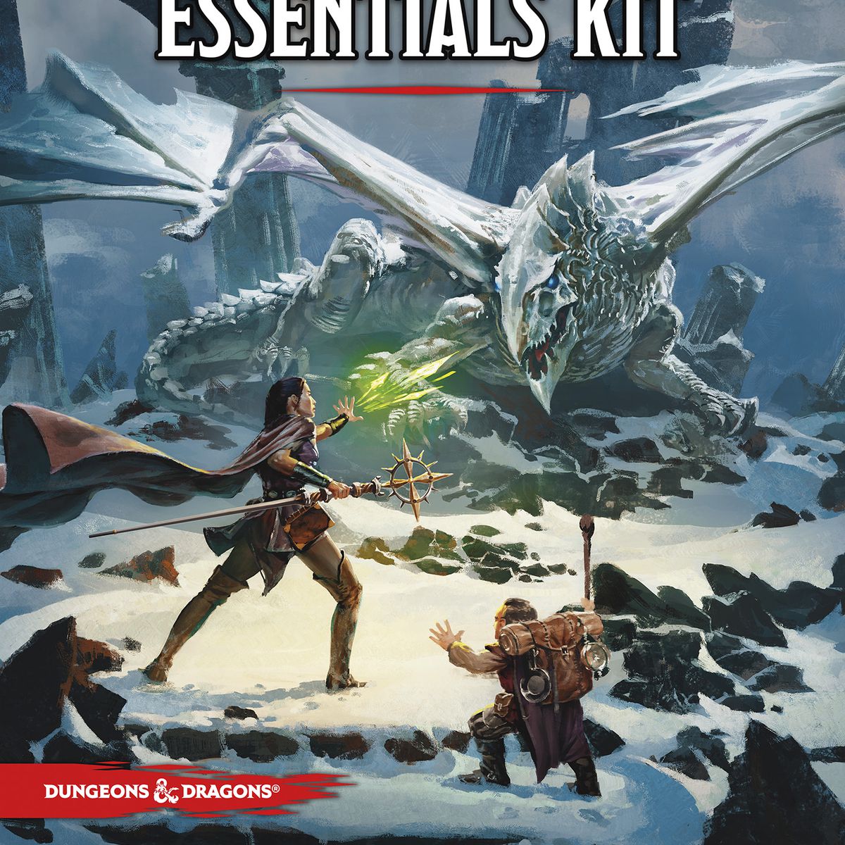 Cover art for the Dungeons &amp; Dragons Essentials Kit shows a player-character and their sidekick going up against a dragon on a snowy hilltop.