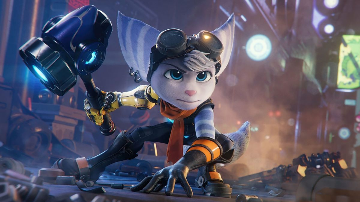 Rivet lands in front of enemies in Ratchet and Clank: Rift Apart