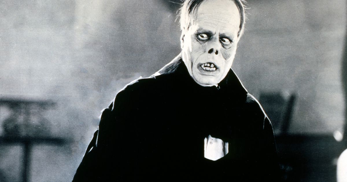 Lon Chaney as the Phantom in 1925’s The Phantom of the Opera —&nbsp;a monstrous figure with a piglike, turned-up nose, withdrawn lips exposing bare teeth, huge swollen bags under recessed eyes, and a small cap of hair on top of a very high forehead