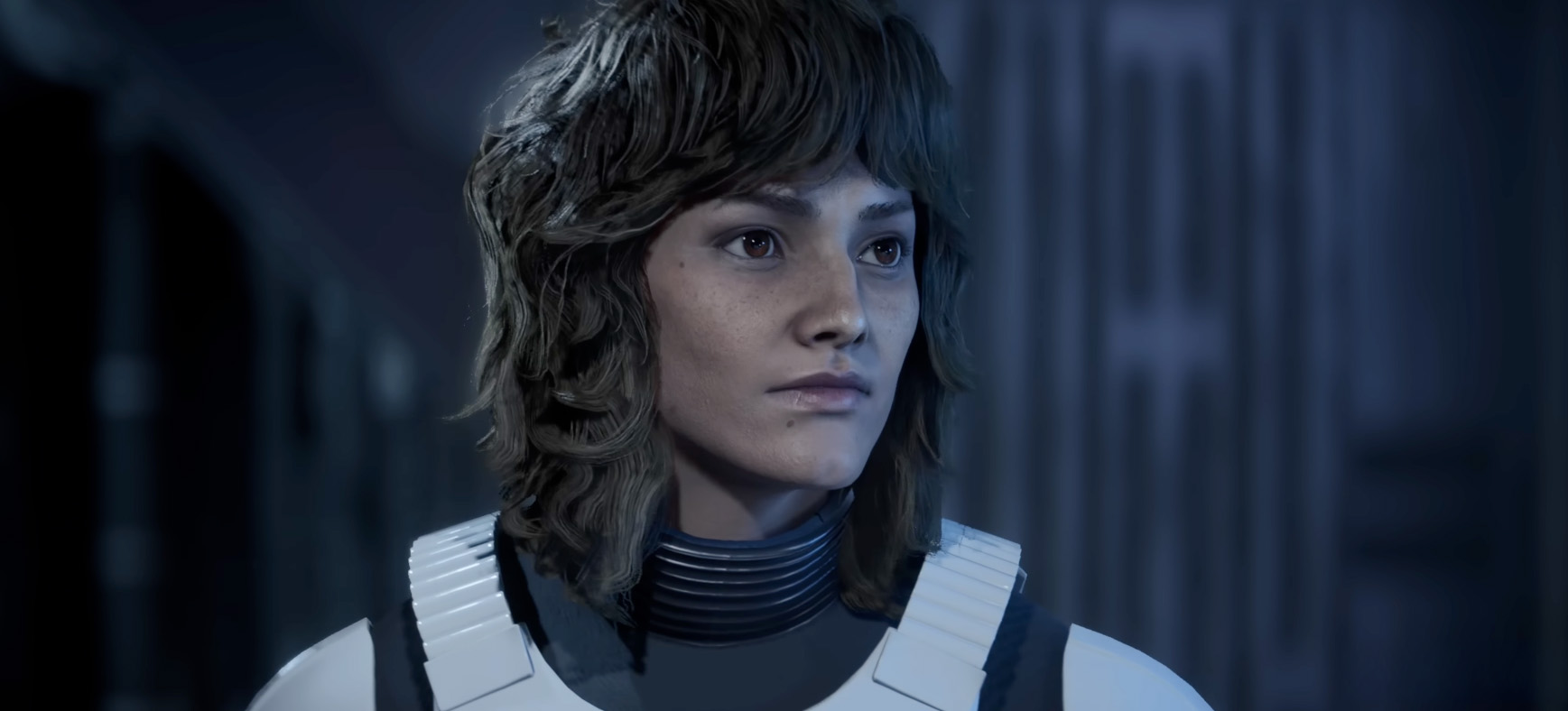 Kay Vess staring into the distance while wearing a stormtrooper outfit