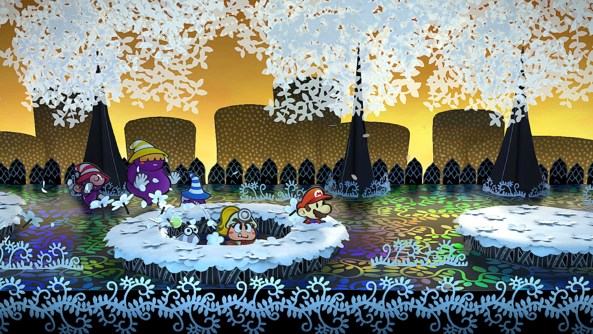 Paper Mario and some other 2D characters emerge from a hole in the ground in a wood of pretty cut-paper blossom trees in The Thousand-Year Door