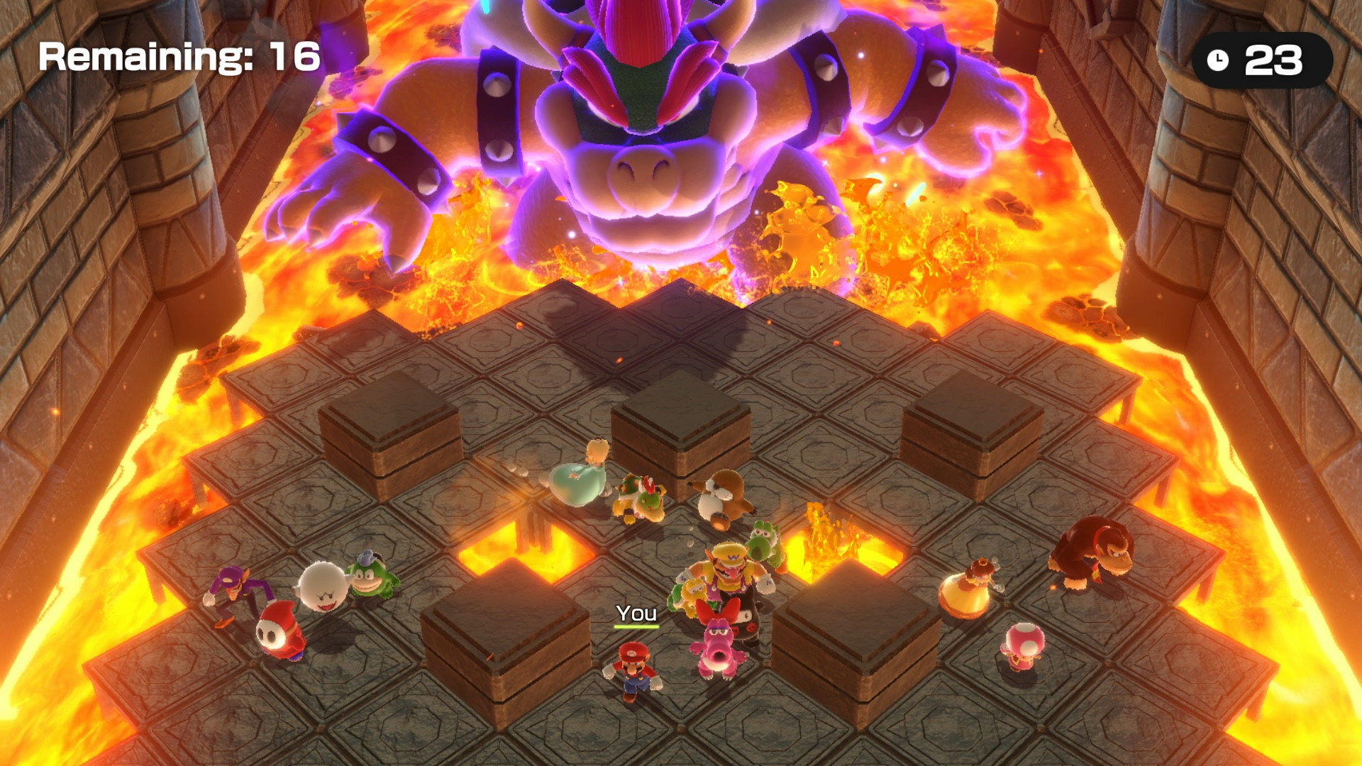 A giant Bowser looms over various Nintendo characters in a screenshot from Super Mario Party Jamboree