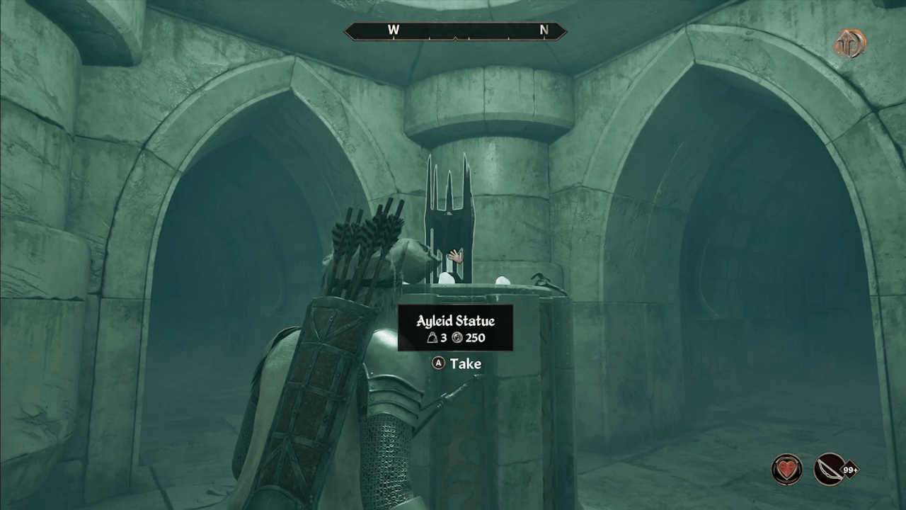 An image of Ayleid Statue in a dungeon in Oblivion Remastered. It’s sitting on a center pedestal. 