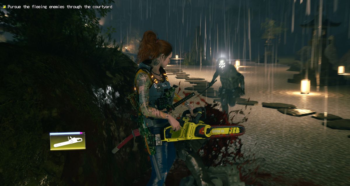Hannah Stone prepares to cut open an enemy with a chainsaw in Wanted: Dead.