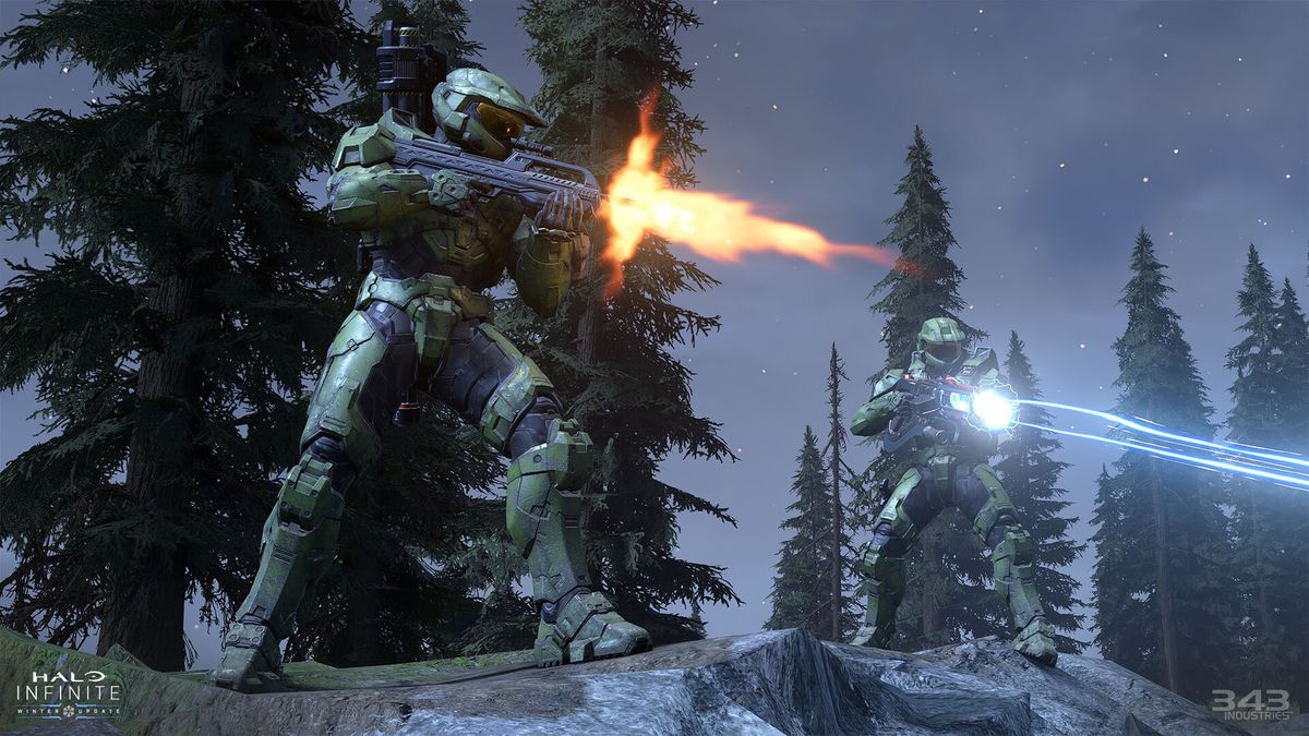 Master Chief and another Spartan fire weapons down from a rock, with trees behind, in Halo Infinite