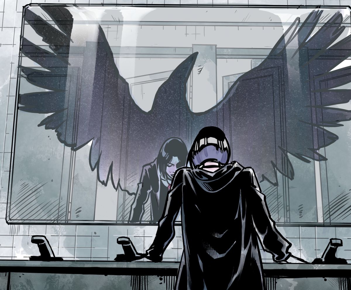Raven in Teen Titans: Raven, DC Comics (2019) standing in front of a mirror with her head down, and a raven spirit reflected around her.
