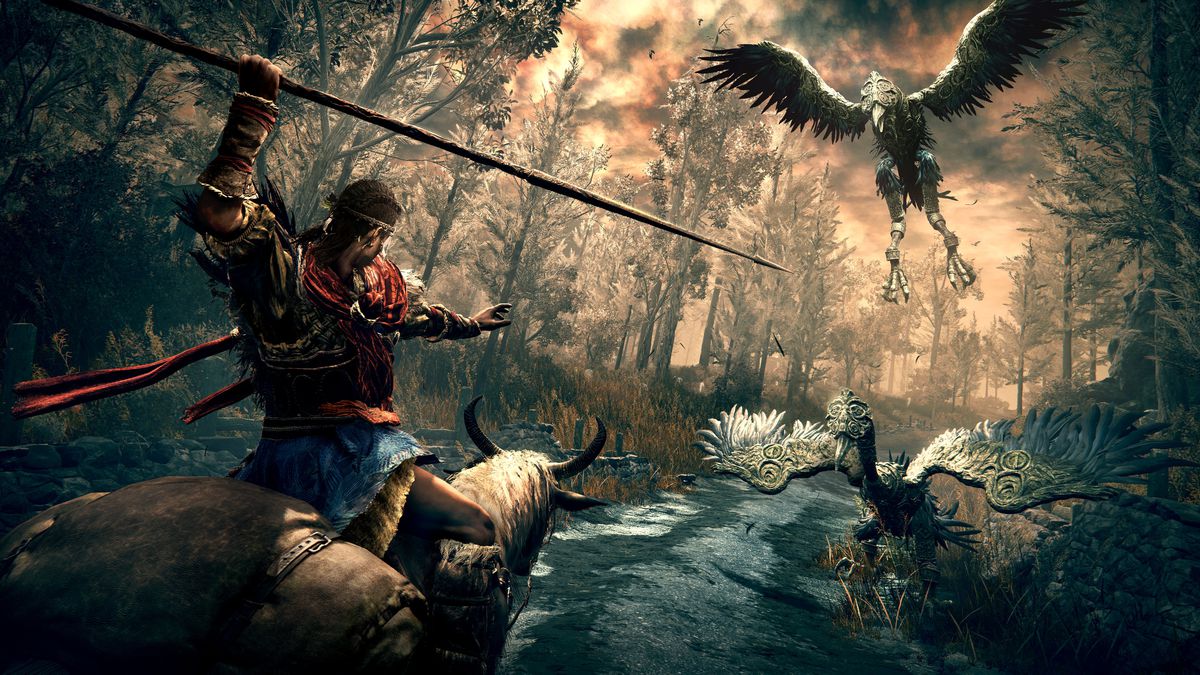 A Tarnished warrior readies to throw a spear at two Grave Birds in a screenshot from Elden Ring: Shadow of the Erdtree