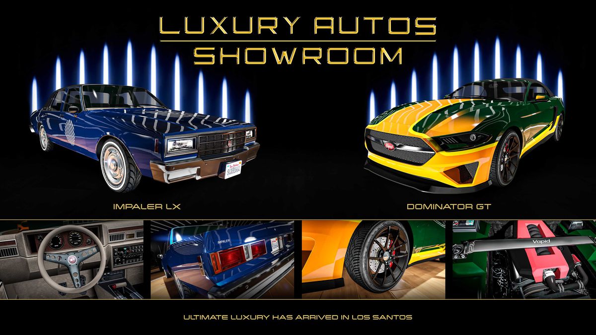 GTA Online promo art for vehicles for sale at Luxury Autos Showroom this week