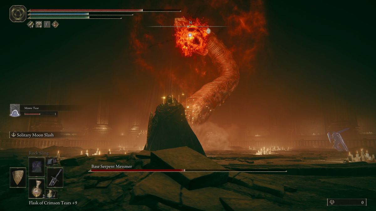 Messmer the Impaler turns into a giant snake during phase 2 of an Elden Ring DLC boss fight.