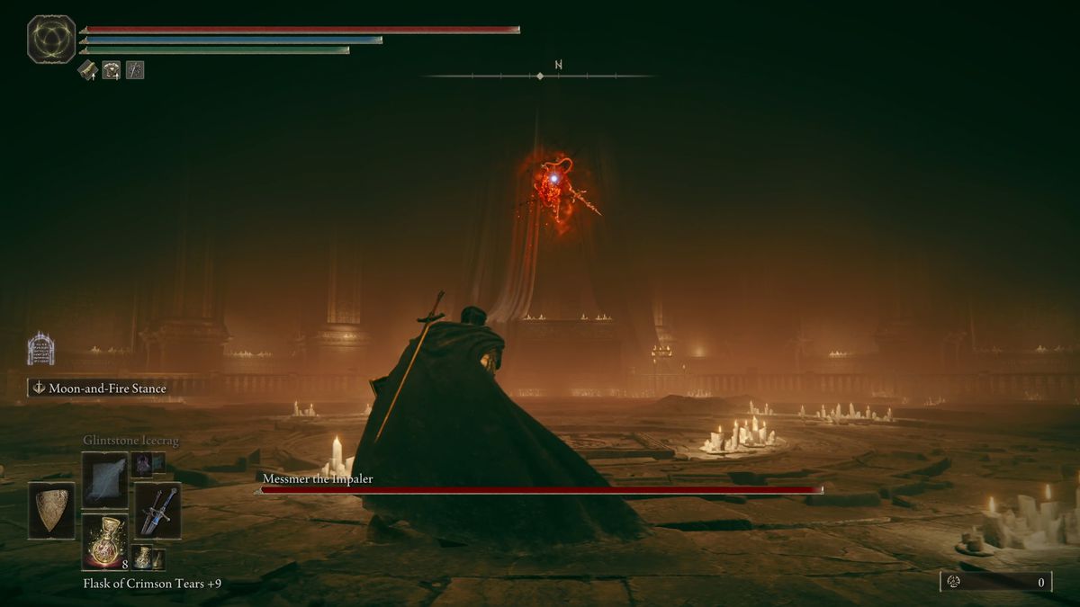 Messmer the Impaler leaps into the air during an Elden Ring DLC boss fight.