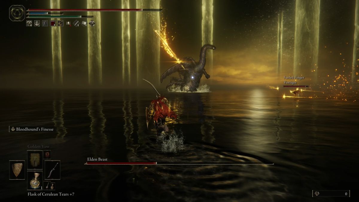 The Elden Beast sends magical waves of energy in an Elden Ring boss fight.