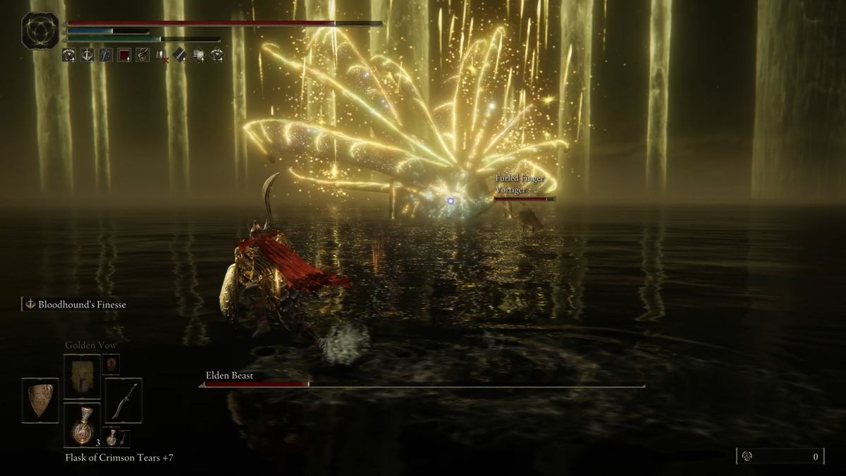 The Elden Beast fires off a barrage of golden spears in the final Elden Ring boss fight.