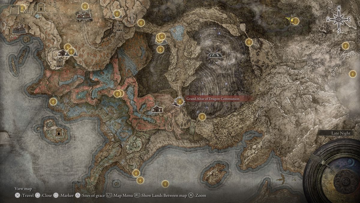 A screenshot of the Elden Ring: Shadow of the Erdtree map showing the location of Grand Altar of Dragon Communication