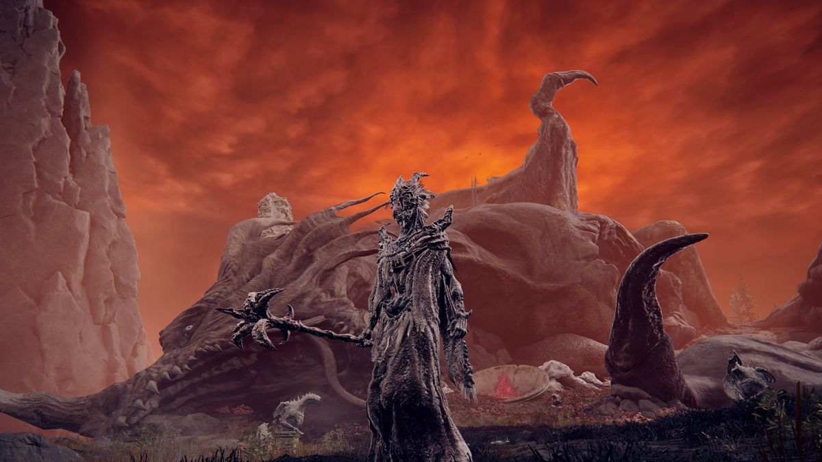 A Tarnished warrior in dragon form after using the Priestess Heart and holding the Flowerstone Gavel, in a screenshot from Elden Ring: Shadow of the Erdtree