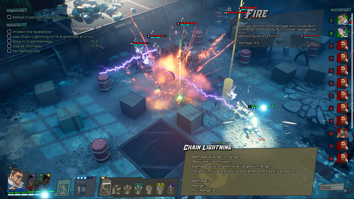 Combat from the game Capes, showing a character using Chain Lightning on a bunch of opponents