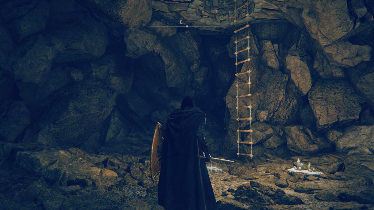 A Tarnished warrior looks at the rope ladder in Moorth Ruins underground area that leads to Bonny Village in a screenshot from Elden Ring: Shadow of the Erdtree