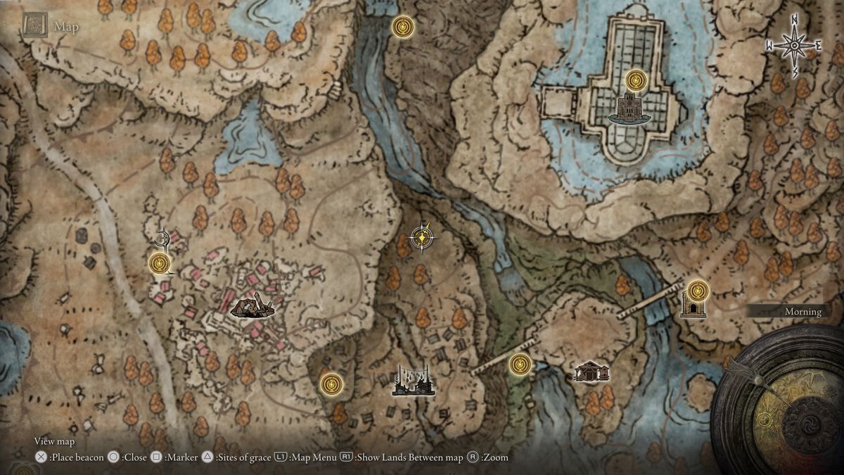 A screenshot Elden Ring: Shadow of the Erdtree’s map, showing the location of the O Mother gesture statue in Bonny Village