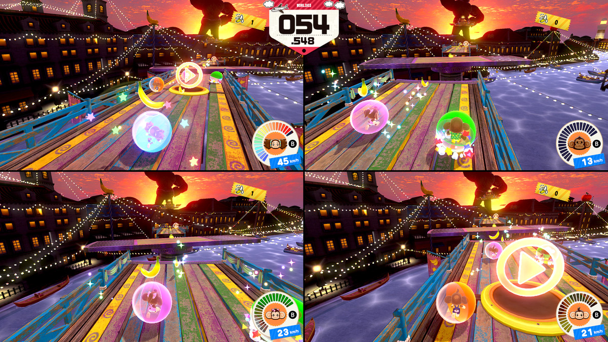 Four players play an Adventure mode stage in split-screen co-op in Super Monkey Ball Banana Rumble