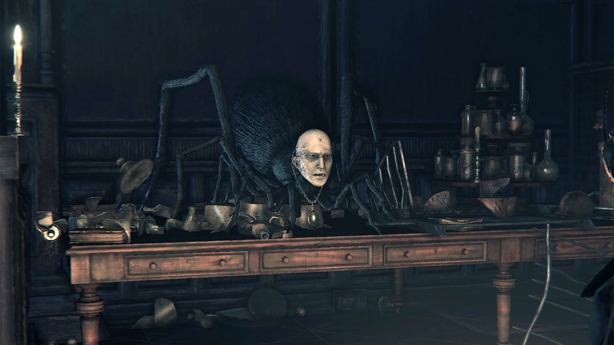 Patches the Spider sits on a table in the Lecture Building surrounded by books and scientific equipment in a screenshot from Bloodborne