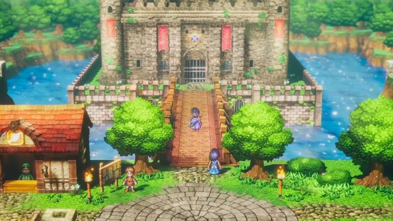 A screenshot of the player’s character crossing a bridge over a moat of water to enter a castle in Dragon quest 3 hd-2d remake.