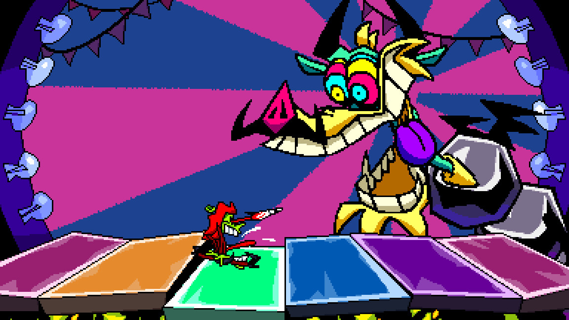 Annie screams as she looks upward at a dragon boss in a screenshot from Antonblast