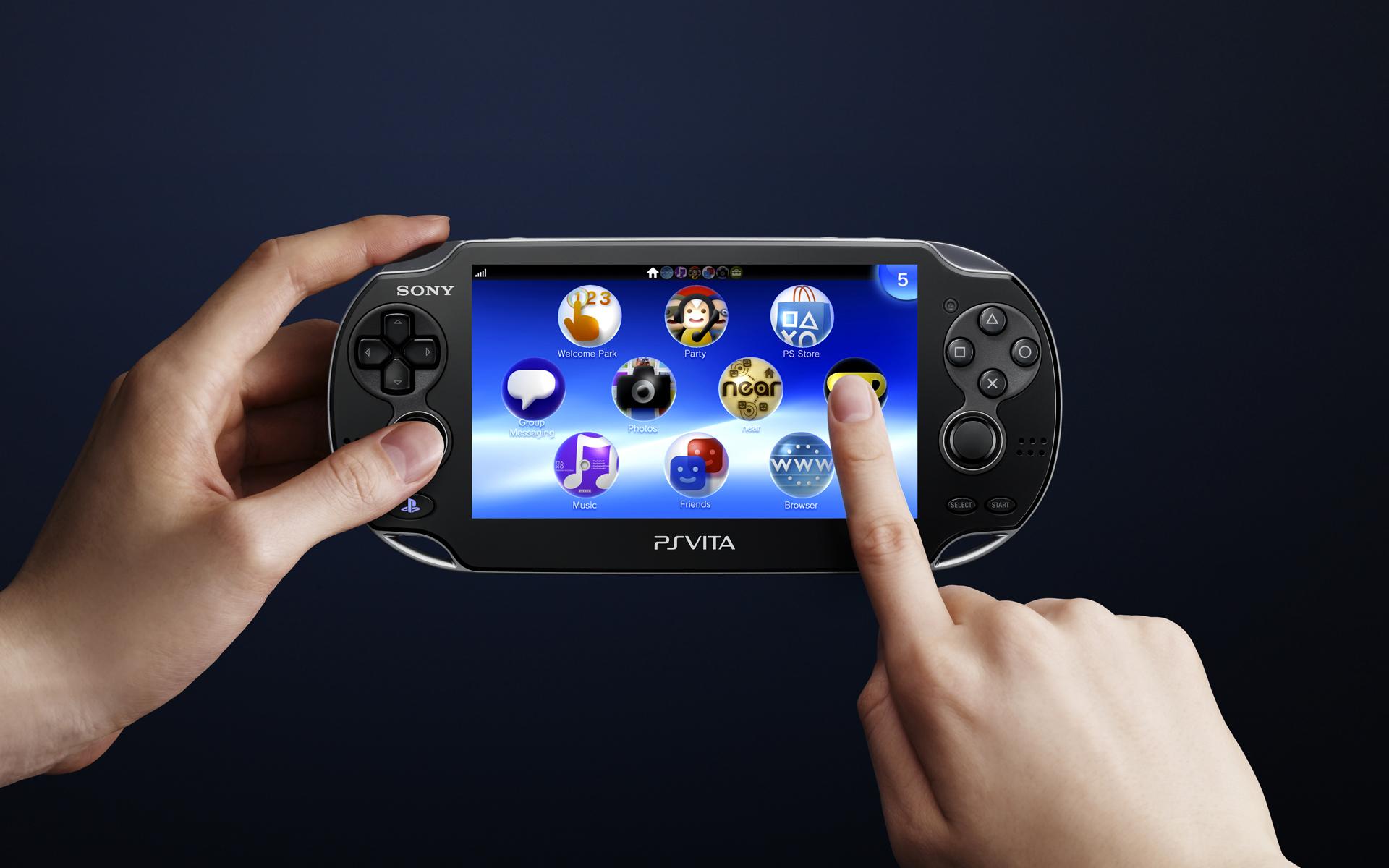 A product photo of the PlayStation Vita with a user touching its touchscreen